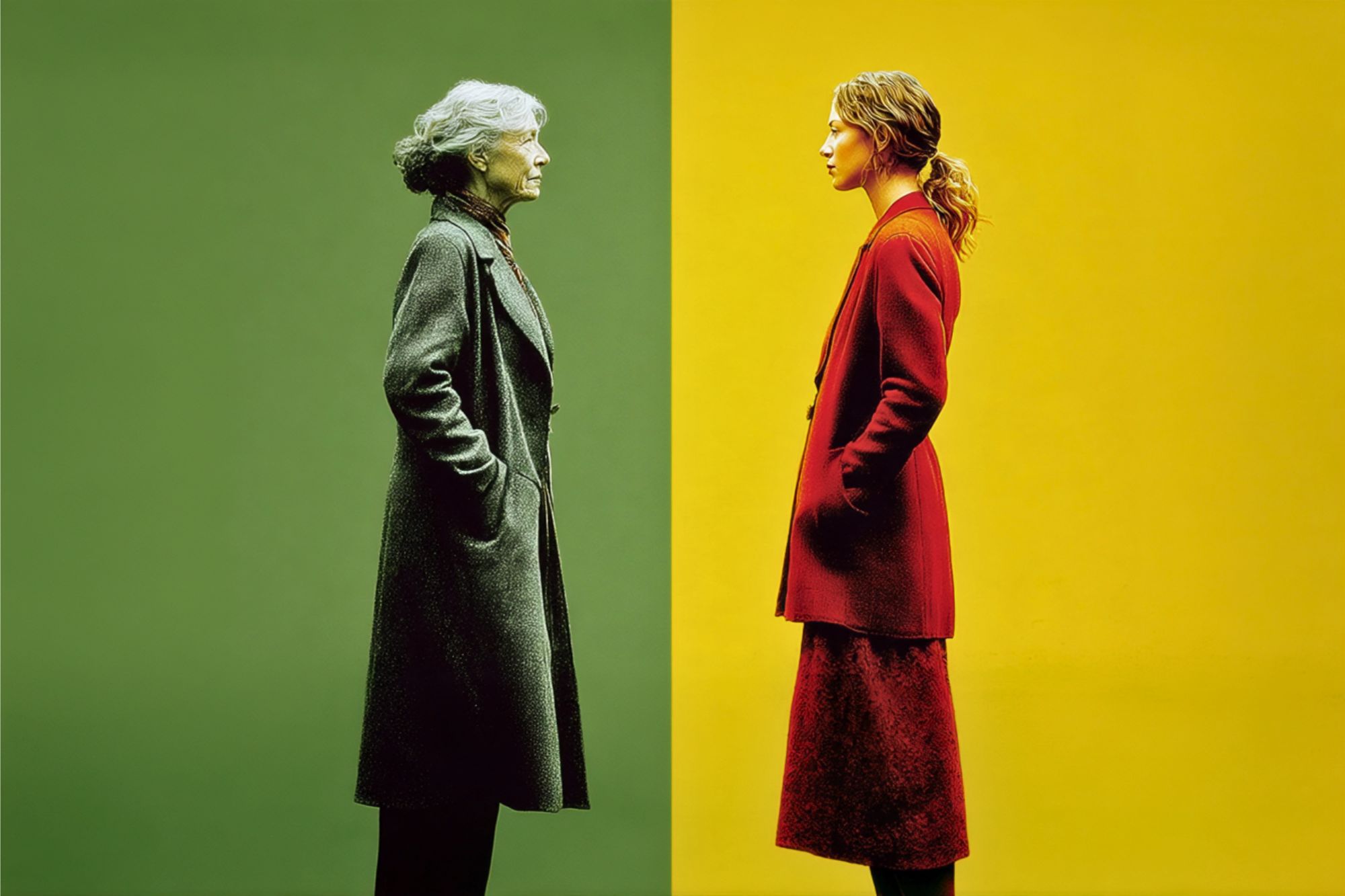 An older woman in gray stands on a green background, facing a younger woman in red on a yellow background. Both wear coats and have hands in their pockets, gazing seriously at each other.
