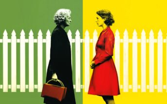 Two women stand face-to-face in front of a white picket fence. The left side of the image has a green background and shows an older woman in black holding a red bag. The right side is yellow with a younger woman in a red dress.