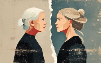 An illustration of an older woman and a younger woman facing each other, separated by a torn line down the center. Both have light hair in buns and wear black tops. The background is distressed with beige on one side and blue on the other.