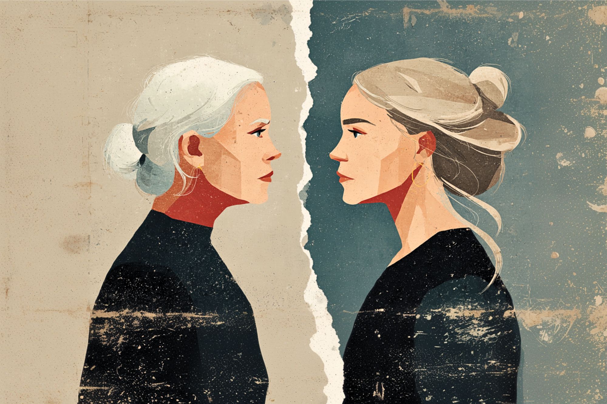 An illustration of an older woman and a younger woman facing each other, separated by a torn line down the center. Both have light hair in buns and wear black tops. The background is distressed with beige on one side and blue on the other.
