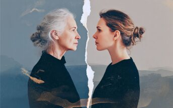 An older woman and a younger woman face each other in profile, separated by a jagged vertical tear in the image. Both wear black tops and have their hair in similar buns against muted backgrounds.