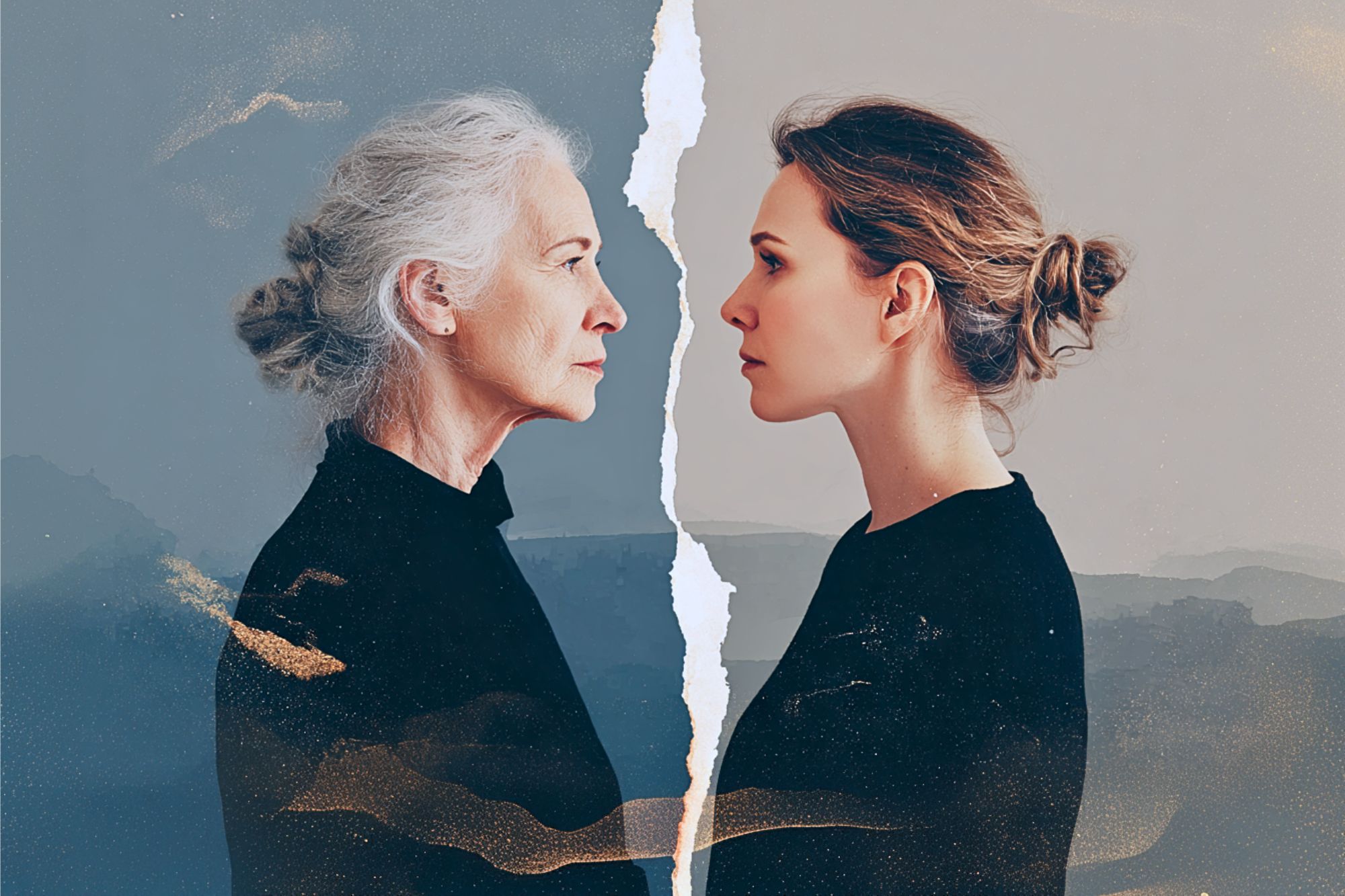 An older woman and a younger woman face each other in profile, separated by a jagged vertical tear in the image. Both wear black tops and have their hair in similar buns against muted backgrounds.