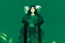 A woman stands in the center with a worried expression, while two older adults stand back-to-back behind her, all blended into a green background with leafy plant shapes.