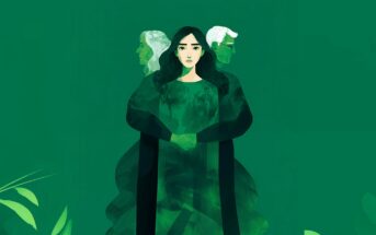 A woman stands in the center with a worried expression, while two older adults stand back-to-back behind her, all blended into a green background with leafy plant shapes.