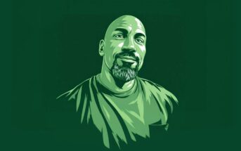 Digital illustration of a bald man with a goatee, wearing a T-shirt, set against a dark green background. The artwork is done in varying shades of green.