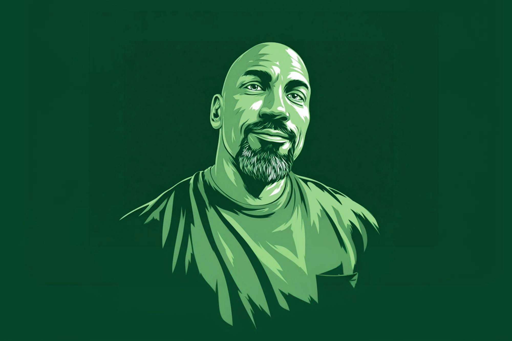 Digital illustration of a bald man with a goatee, wearing a T-shirt, set against a dark green background. The artwork is done in varying shades of green.