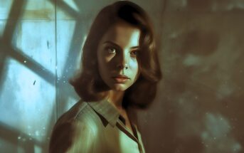 A young woman with wavy brown hair stands in a dimly lit room, illuminated by soft, moody light coming through a window casting shadows on the wall behind her. She wears a collared shirt and gazes seriously ahead.