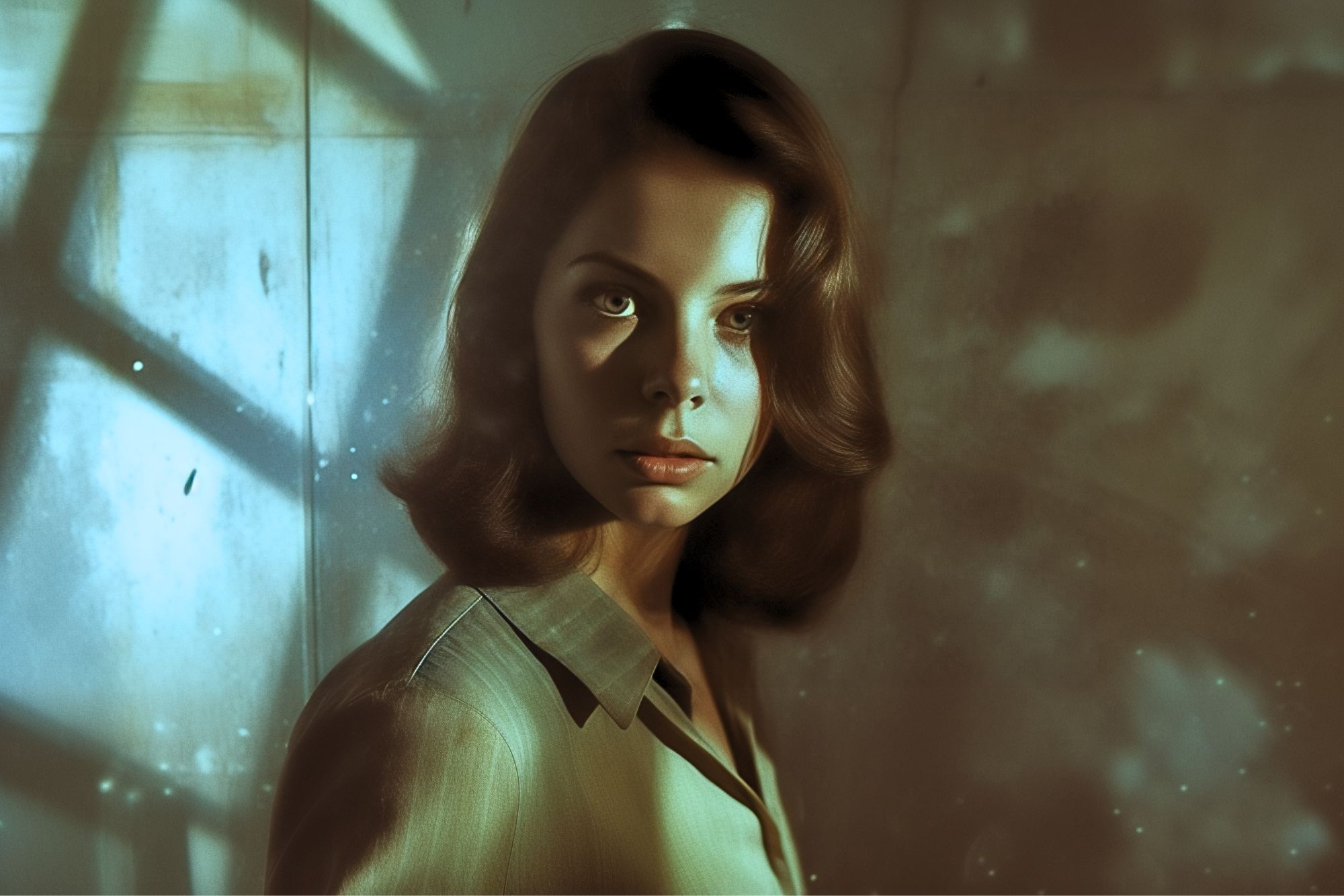 A young woman with wavy brown hair stands in a dimly lit room, illuminated by soft, moody light coming through a window casting shadows on the wall behind her. She wears a collared shirt and gazes seriously ahead.