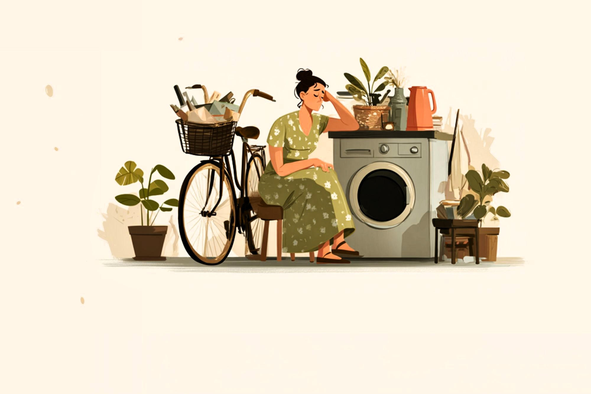 A woman in a green dress sits on a chair next to a washing machine, looking tired. Around her are a bicycle with a basket, several potted plants, and a kettle on the washing machine.