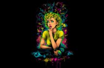 A thoughtful cartoon woman with curly yellow hair sits cross-legged, resting her chin on her hand, surrounded by colorful question marks, lightning bolts, and abstract squiggles on a black background.