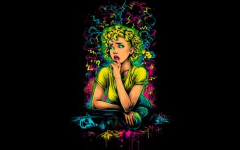 A thoughtful cartoon woman with curly yellow hair sits cross-legged, resting her chin on her hand, surrounded by colorful question marks, lightning bolts, and abstract squiggles on a black background.