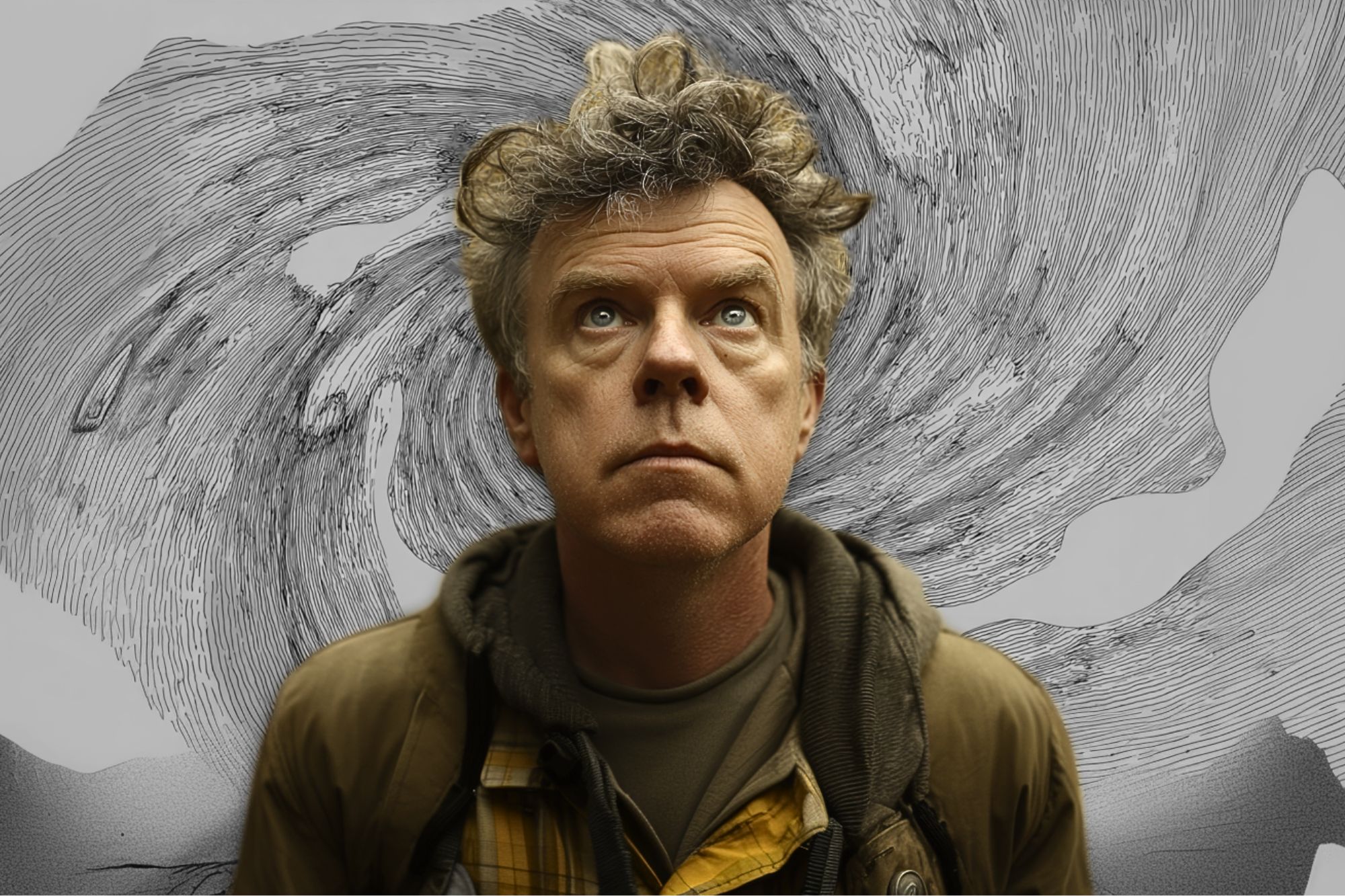 A man with curly hair and a serious expression looks upward, standing in front of a swirling, abstract, black-and-white background resembling a vortex. He wears layered jackets and a plaid shirt.