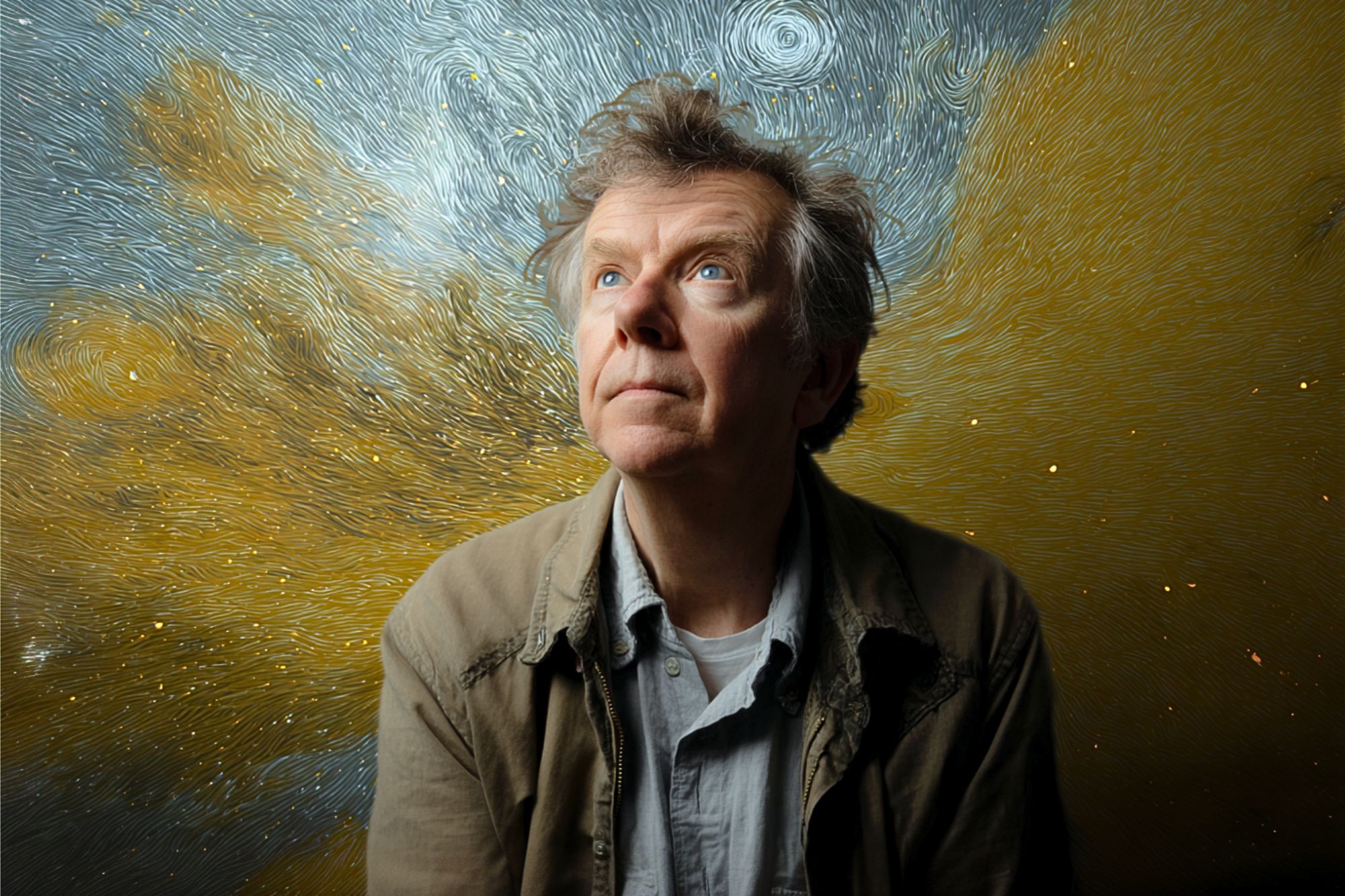 A man with light hair and a thoughtful expression looks upward, standing in front of a swirling, starry background reminiscent of Van Gogh's "Starry Night," with blue, yellow, and gold tones.