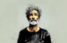 A digital painting of an older man with tousled gray hair and a full beard, wearing a dark shirt, gazing upward with a thoughtful expression against a plain, light background.