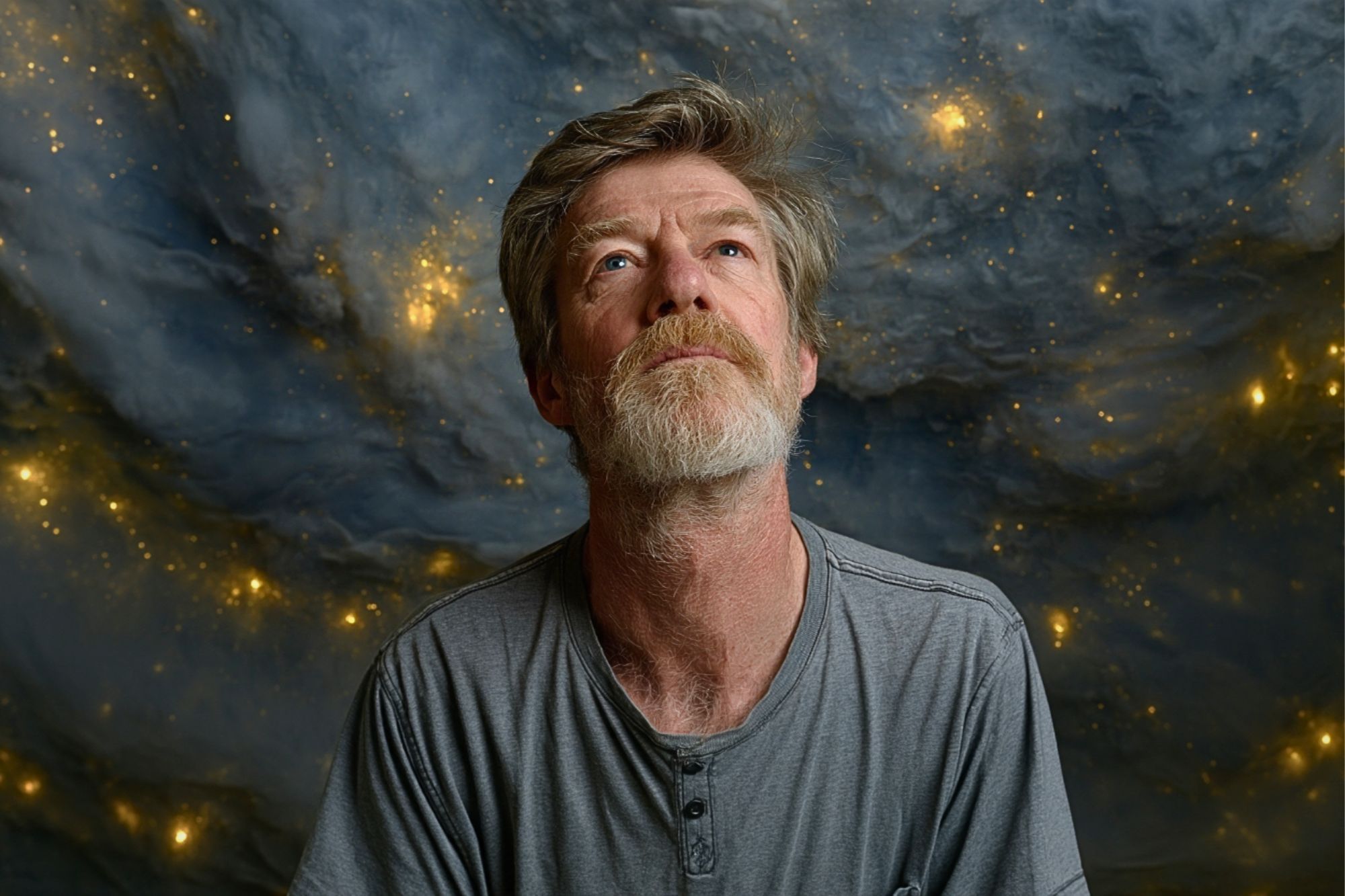 A man with a gray beard and hair in a gray shirt looks upward, standing in front of a dramatic cosmic background with swirling clouds and glowing stars.