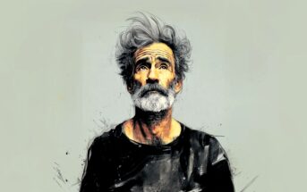 A digital painting of an older man with tousled gray hair and a full beard, wearing a dark shirt, gazing upward with a thoughtful expression against a plain, light background.