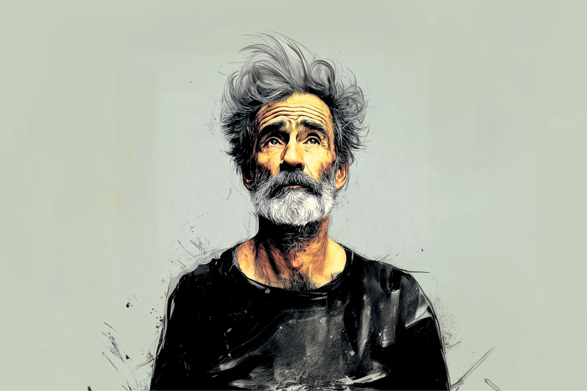 A digital painting of an older man with tousled gray hair and a full beard, wearing a dark shirt, gazing upward with a thoughtful expression against a plain, light background.