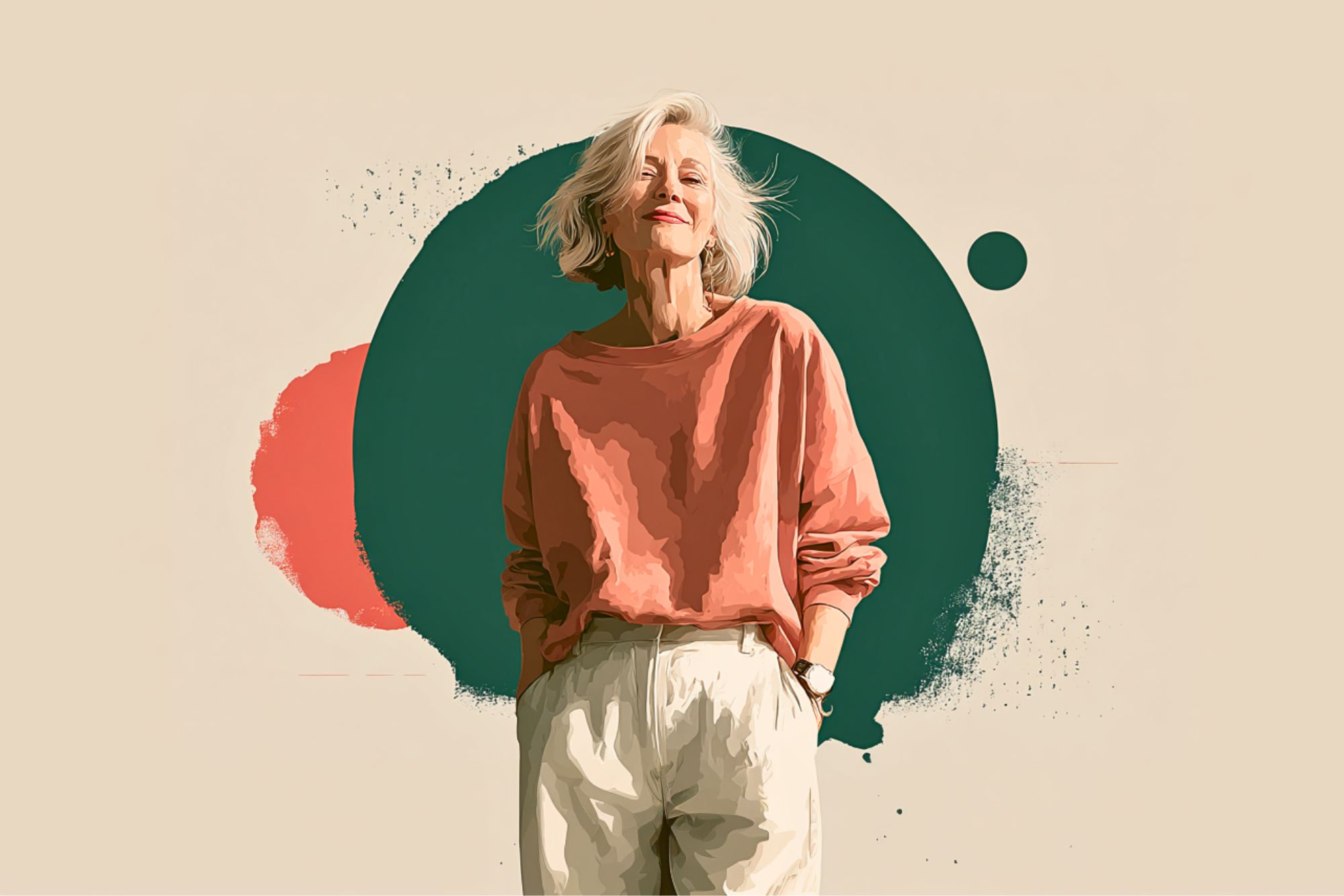 A smiling older woman with short white hair, wearing a loose coral sweatshirt and light pants, stands confidently against a background with abstract green and coral shapes.