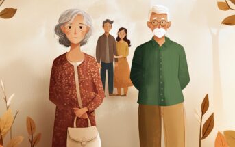 An illustration of an elderly woman and man standing apart, both with serious expressions. In the background, a younger couple stands together. Autumn leaves decorate the scene, adding a warm, muted tone.