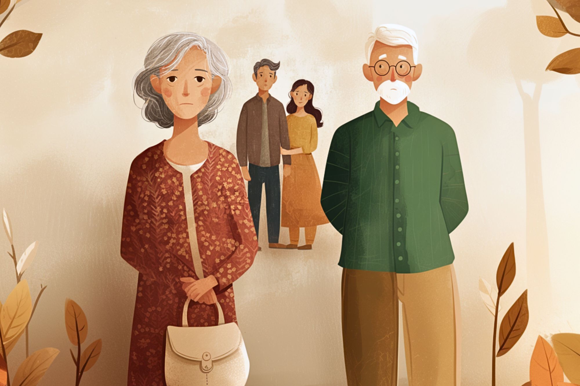 An illustration of an elderly woman and man standing apart, both with serious expressions. In the background, a younger couple stands together. Autumn leaves decorate the scene, adding a warm, muted tone.