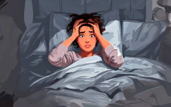 A person with wide eyes and a distressed expression sits up in bed, gripping their hair in fear or anxiety. The room is dimly lit, suggesting a nighttime or unsettling atmosphere.