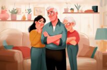 An illustration of three worried adults standing indoors. The man in the center has gray hair and glasses, with a concerned expression; he is flanked by two women, also looking anxious, in a cozy living room with plants and shelves.