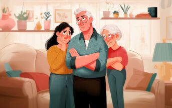 An illustration of three worried adults standing indoors. The man in the center has gray hair and glasses, with a concerned expression; he is flanked by two women, also looking anxious, in a cozy living room with plants and shelves.