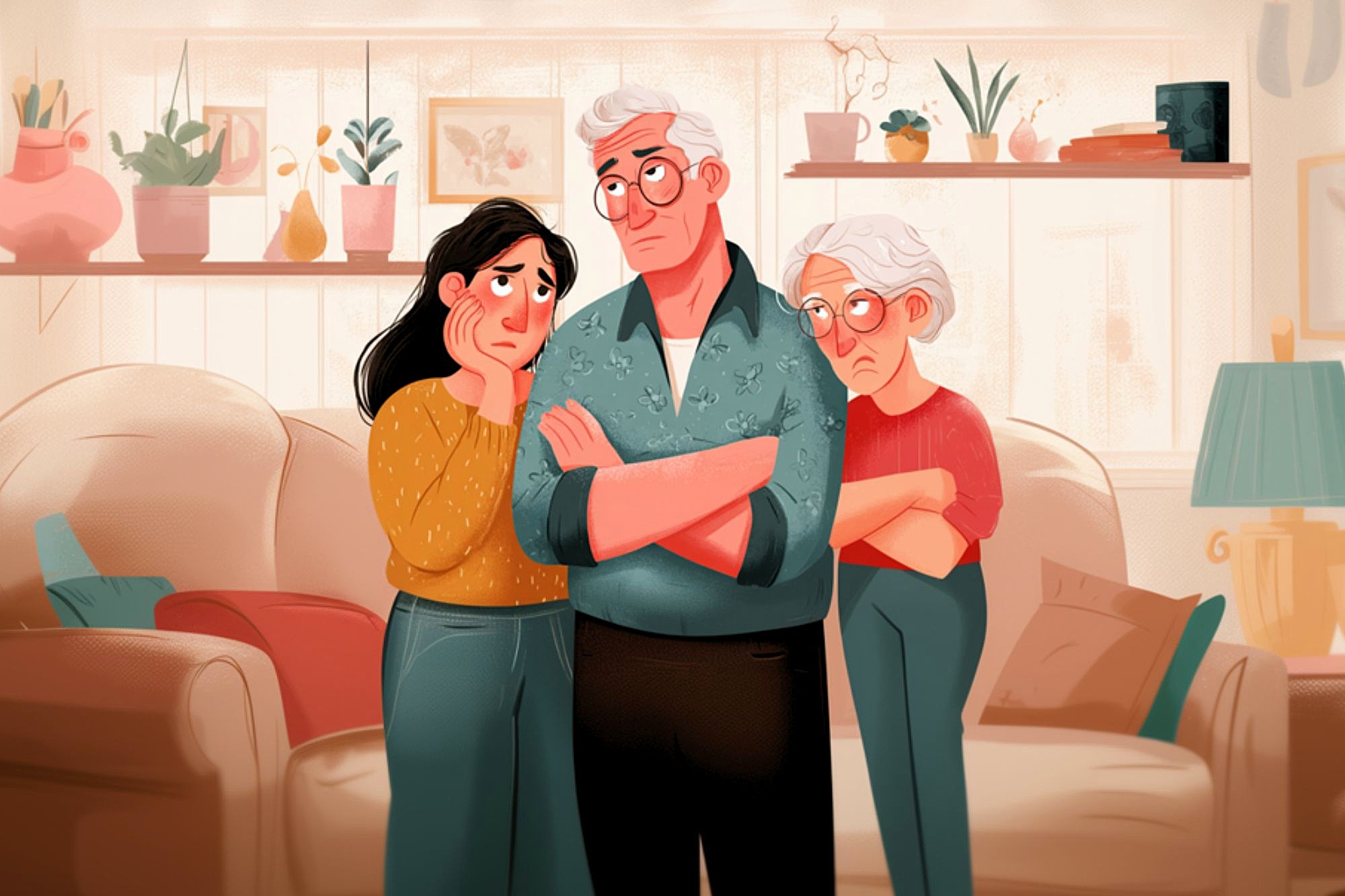 An illustration of three worried adults standing indoors. The man in the center has gray hair and glasses, with a concerned expression; he is flanked by two women, also looking anxious, in a cozy living room with plants and shelves.