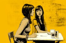 Two women sit at a table with drinks and plates, looking at each other seriously. The background is a textured yellow, and the image is done in a sketchy, illustrative style.