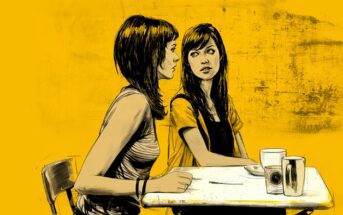 Two women sit at a table with drinks and plates, looking at each other seriously. The background is a textured yellow, and the image is done in a sketchy, illustrative style.