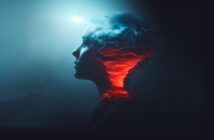 A silhouette of a person's head in profile is blended with dramatic clouds and lightning above, and glowing red lava or fire below, symbolizing a mix of calmness and intense energy or thoughts within the mind.