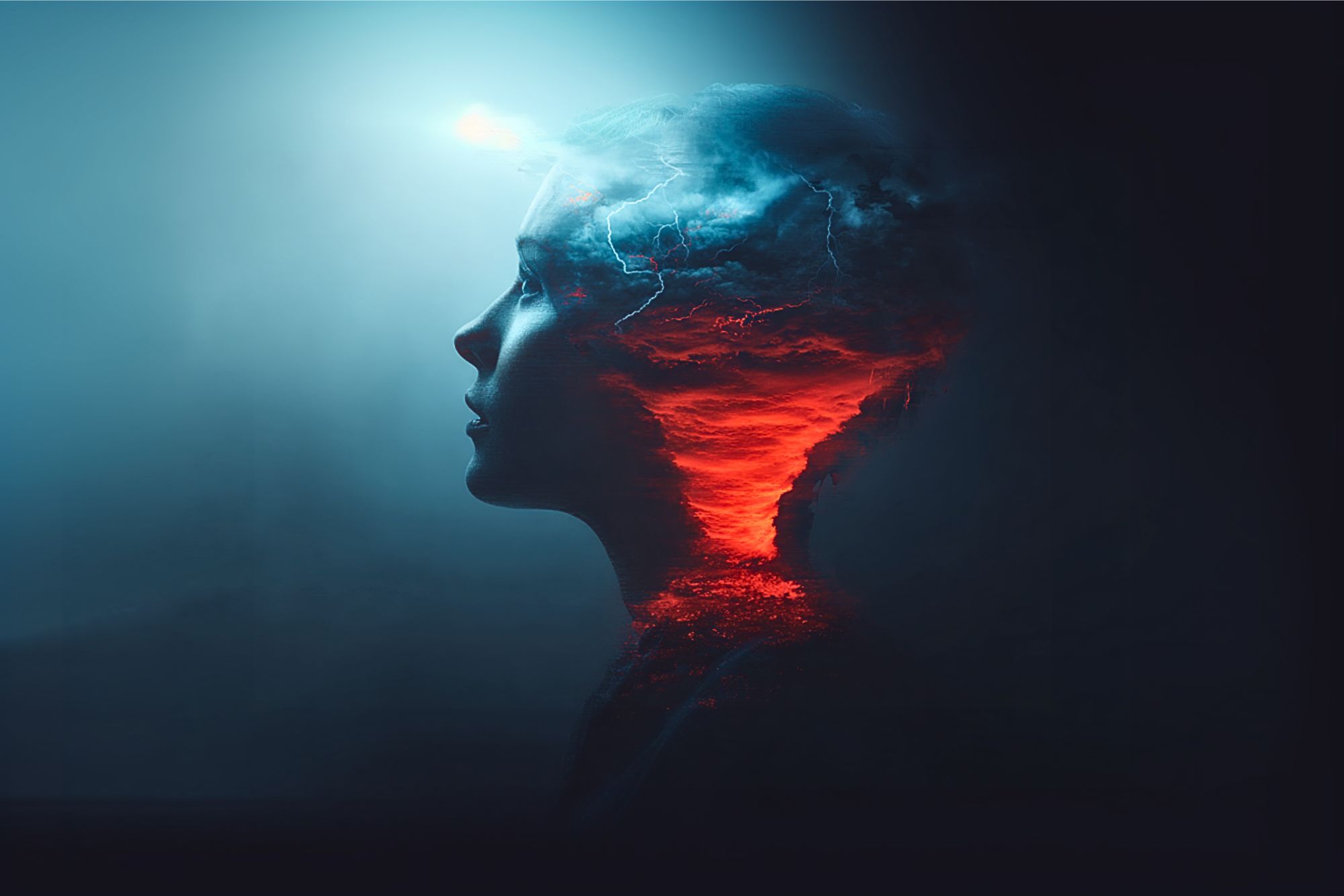 A silhouette of a person's head in profile is blended with dramatic clouds and lightning above, and glowing red lava or fire below, symbolizing a mix of calmness and intense energy or thoughts within the mind.