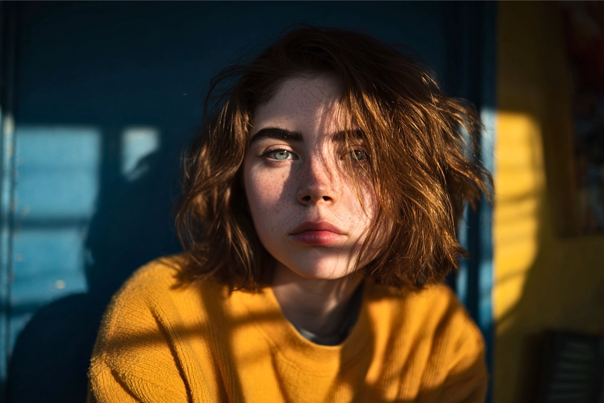 A young person with short, wavy brown hair and green eyes wears a yellow sweater, looking into the camera as sunlight casts shadows and lines across their face and blue background.