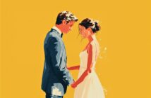 A man in a blue suit and a woman in a white dress stand close together, holding hands and smiling, against a bright yellow background.