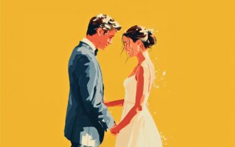 A man in a blue suit and a woman in a white dress stand close together, holding hands and smiling, against a bright yellow background.