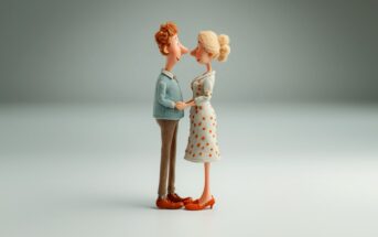 A claymation-style figurine couple stands facing each other, holding hands. The man wears a light blue sweater and brown pants; the woman wears a beige dress with orange polka dots. They appear affectionate.