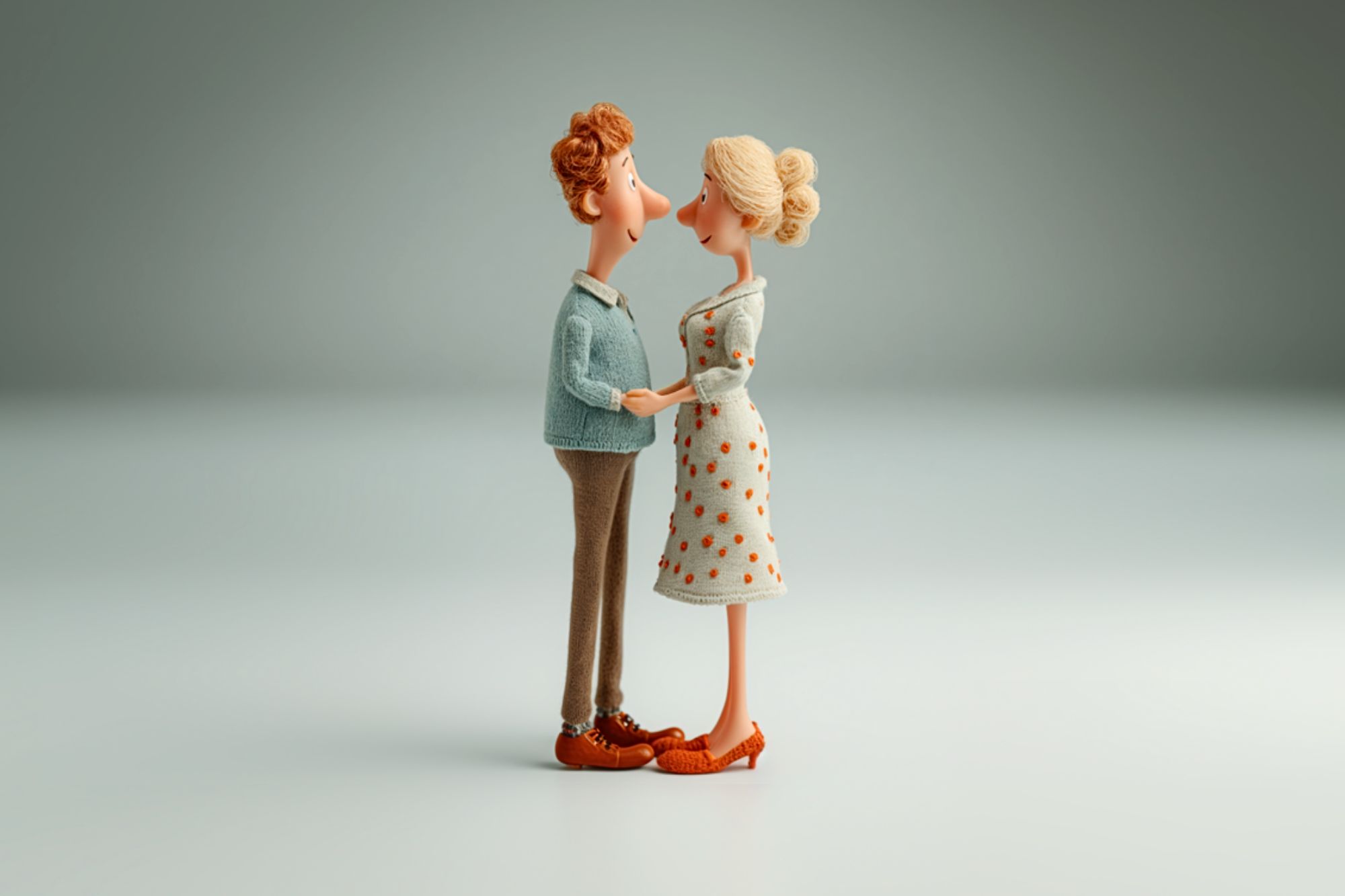 A claymation-style figurine couple stands facing each other, holding hands. The man wears a light blue sweater and brown pants; the woman wears a beige dress with orange polka dots. They appear affectionate.