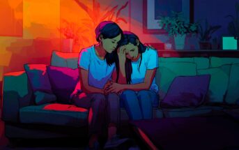 Two people sit close together on a couch, one comforting the other, surrounded by warm and cool colored lighting. They both wear white shirts and jeans, and the setting appears to be a cozy living room.