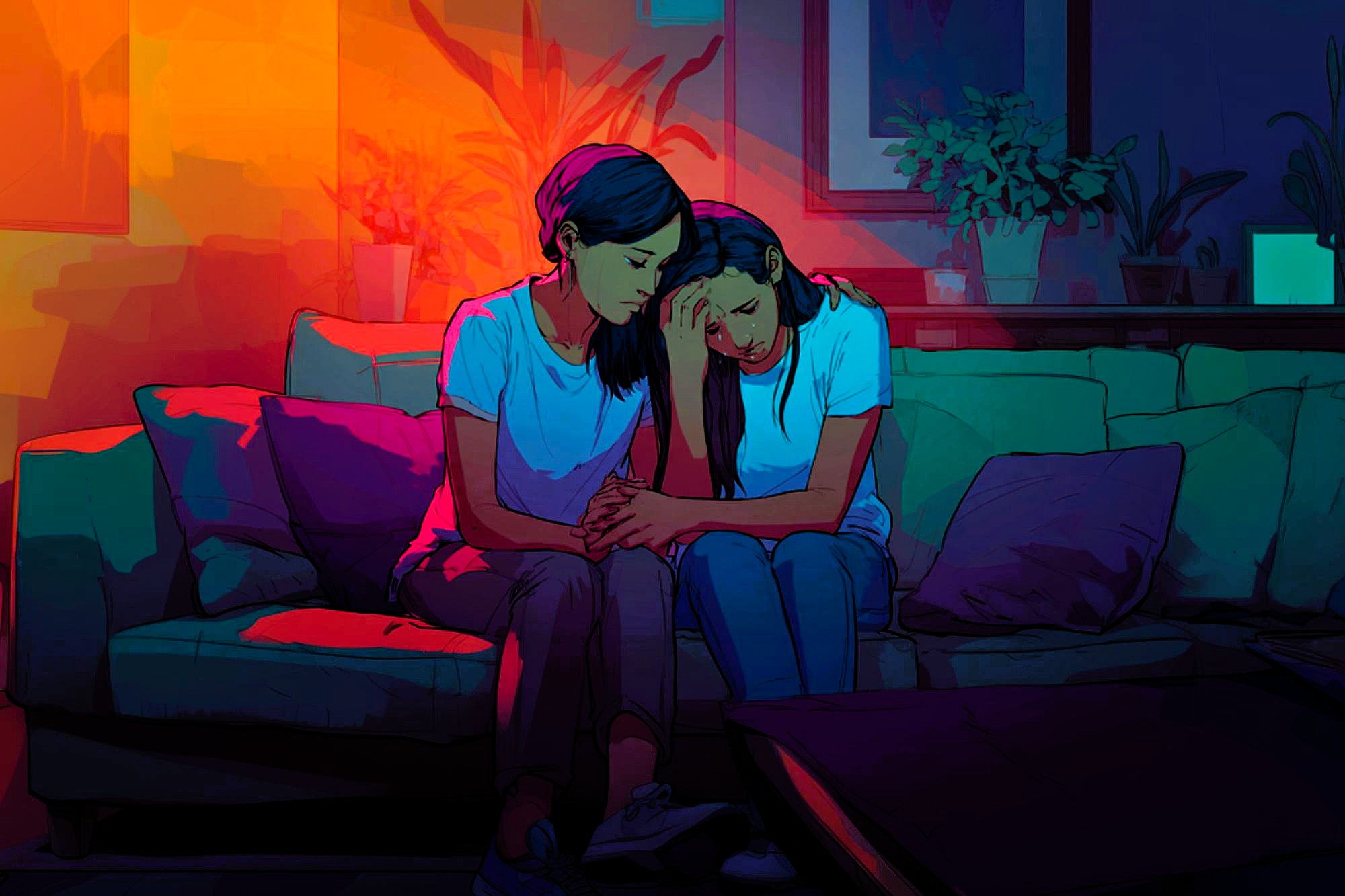 Two people sit close together on a couch, one comforting the other, surrounded by warm and cool colored lighting. They both wear white shirts and jeans, and the setting appears to be a cozy living room.