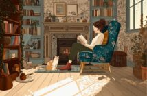 A woman sits in a cozy armchair reading a book by a fireplace in a warmly lit, vintage-style living room. A cat sits nearby, and bookshelves, plants, and sunlight through a window complete the peaceful scene.