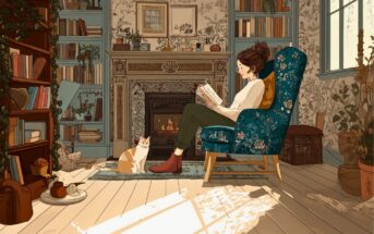 A woman sits in a cozy armchair reading a book by a fireplace in a warmly lit, vintage-style living room. A cat sits nearby, and bookshelves, plants, and sunlight through a window complete the peaceful scene.
