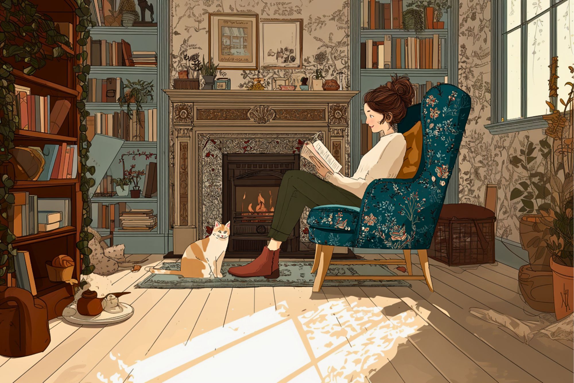 A woman sits in a cozy armchair reading a book by a fireplace in a warmly lit, vintage-style living room. A cat sits nearby, and bookshelves, plants, and sunlight through a window complete the peaceful scene.