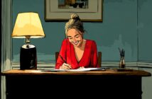 A woman with blonde hair in a bun, wearing a red top, sits at a desk smiling while writing on paper. A lamp and pen holder are on the desk; a painting hangs on the blue wall behind her.