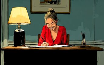 A woman with blonde hair in a bun, wearing a red top, sits at a desk smiling while writing on paper. A lamp and pen holder are on the desk; a painting hangs on the blue wall behind her.