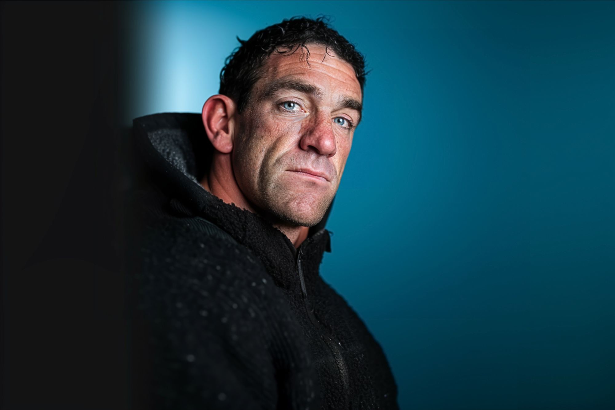 A man with short, dark, curly hair and blue eyes wears a black textured jacket, gazing seriously at the camera against a smooth blue background.