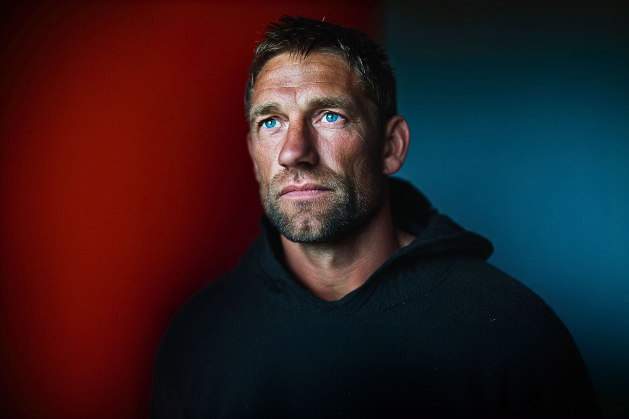 A man with short brown hair, blue eyes, and stubble gazes upward. He wears a black hoodie. The background is split between a red and blue gradient, creating a dramatic effect.