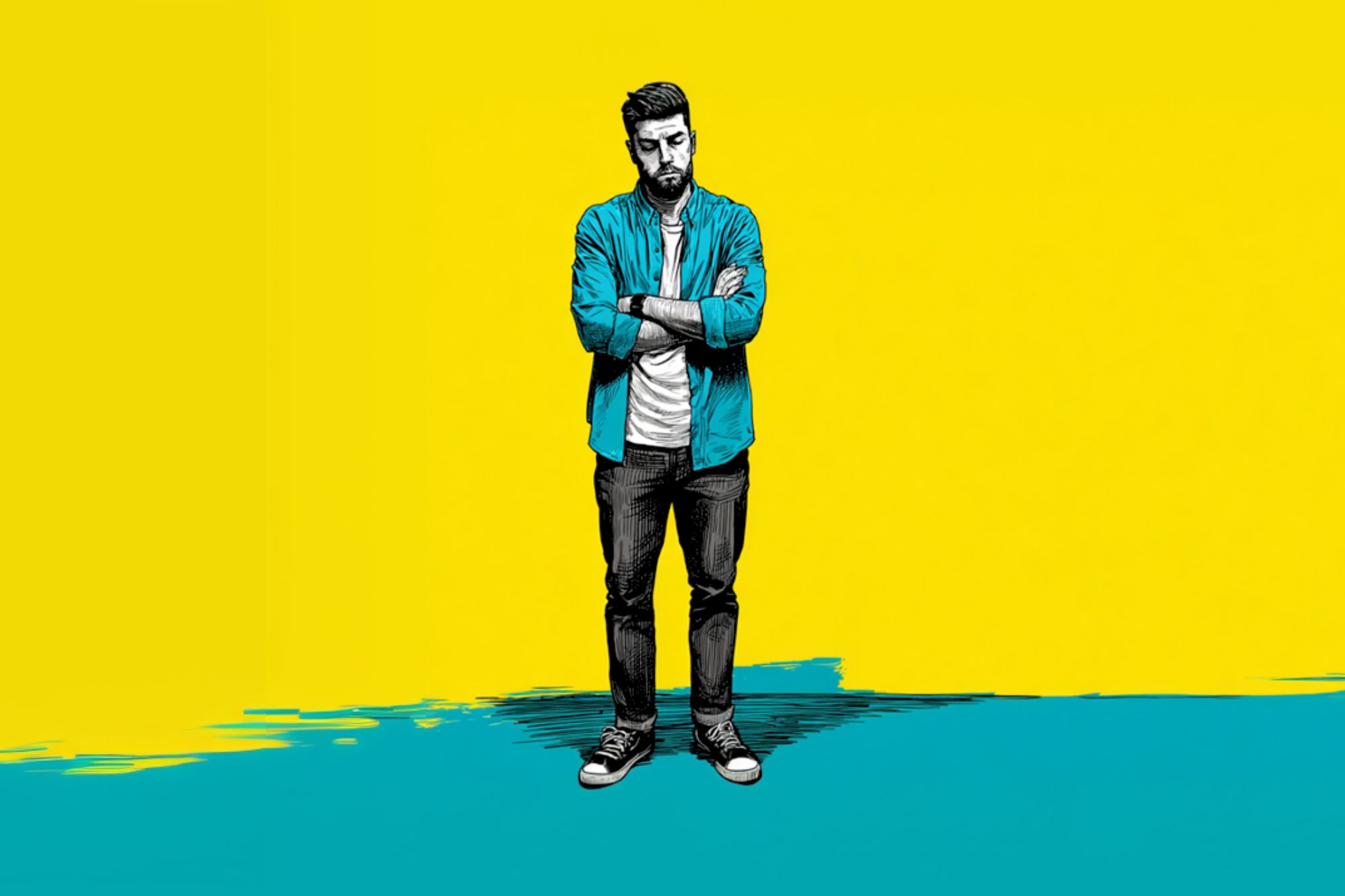 Illustration of a man with a beard, wearing a blue shirt, white t-shirt, jeans, and sneakers, standing with arms crossed. The background is half yellow, half teal, with a painted, artistic effect.