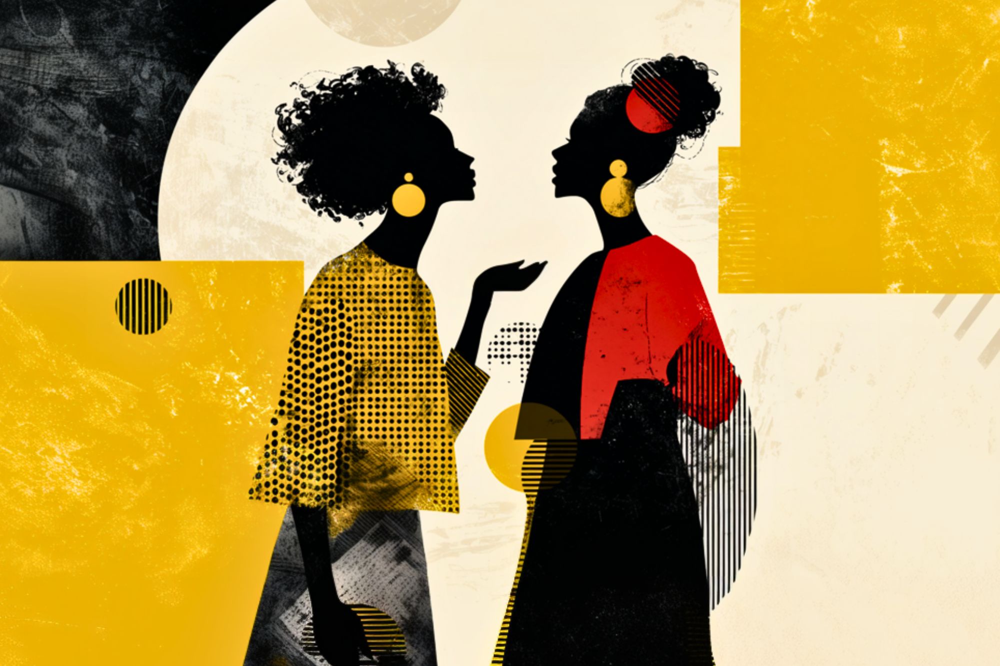 Two women in profile face each other, illustrated in a modern abstract style with bold yellow, black, red, and cream geometric shapes. Both wear earrings and expressive clothing, engaging in what appears to be a conversation.