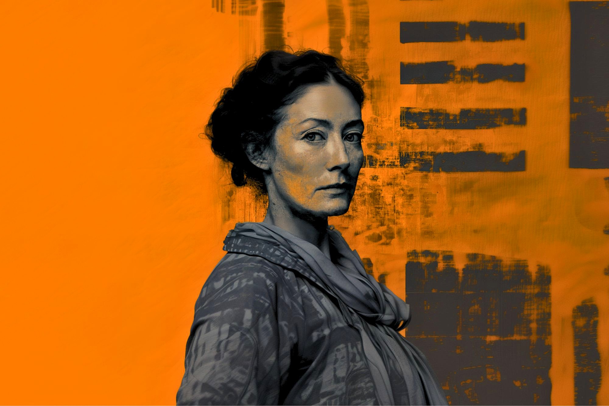 A woman with tied-back dark hair and a serious expression stands against an abstract orange and black painted background, wearing a patterned top and scarf.