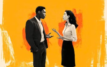 A man in a suit and a woman in business attire are standing and having a serious conversation against a bright orange, abstract background.